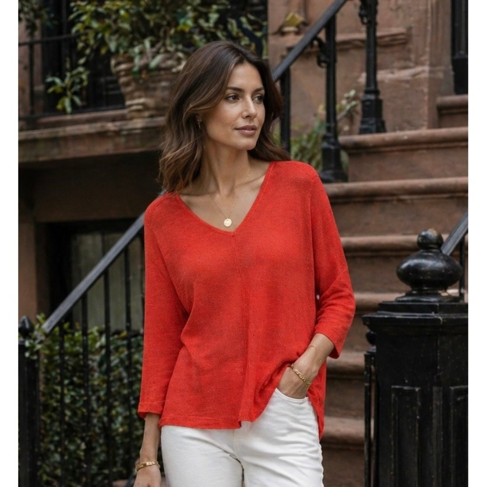 Chicos Orange Melon Slub Knit V-Neck 3/4 Sleeve Sweater Size 3 L XL